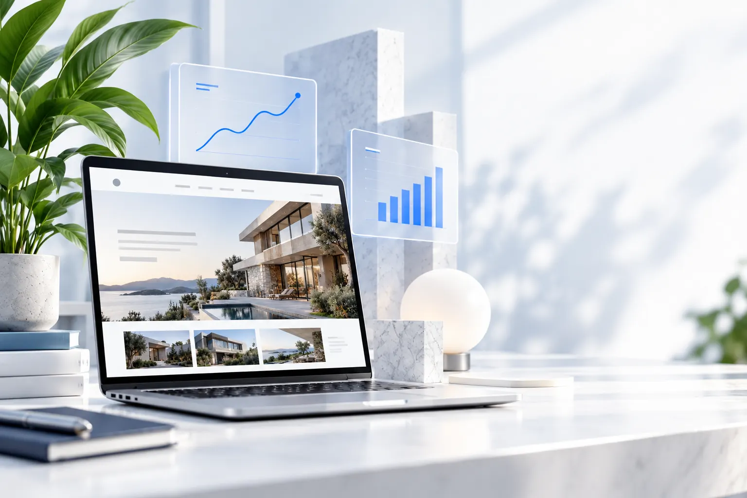 Workspace with a website design and illustrative data charts