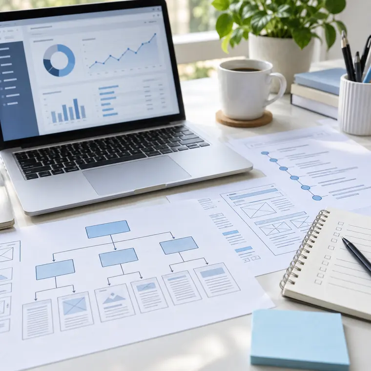 Laptop with sitemap diagrams and technical analysis notes